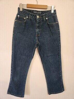 Vintage Y2K Guess Made In Canada Cropped Denim Jeans Turquoise Stitch Size 27